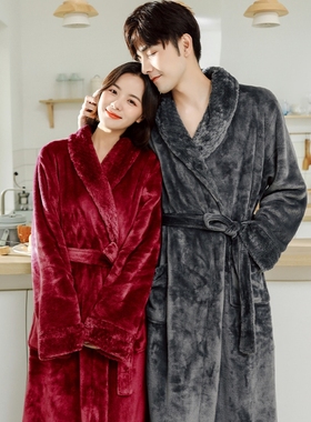 情侣款情侣法兰绒睡袍冬加厚保暖家居服男女浴袍珊瑚绒紫色红色