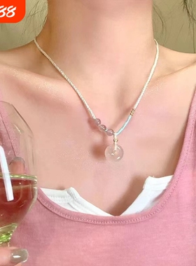 新中式草莓晶梦幻彩绳玛瑙平安扣编绳项链女款高级锁骨链颈链吊坠