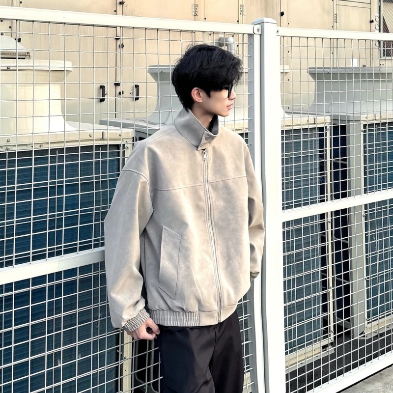 美式复古扎染PU冲锋衣男高级感立领机车户外套春秋痞帅保暖上衣