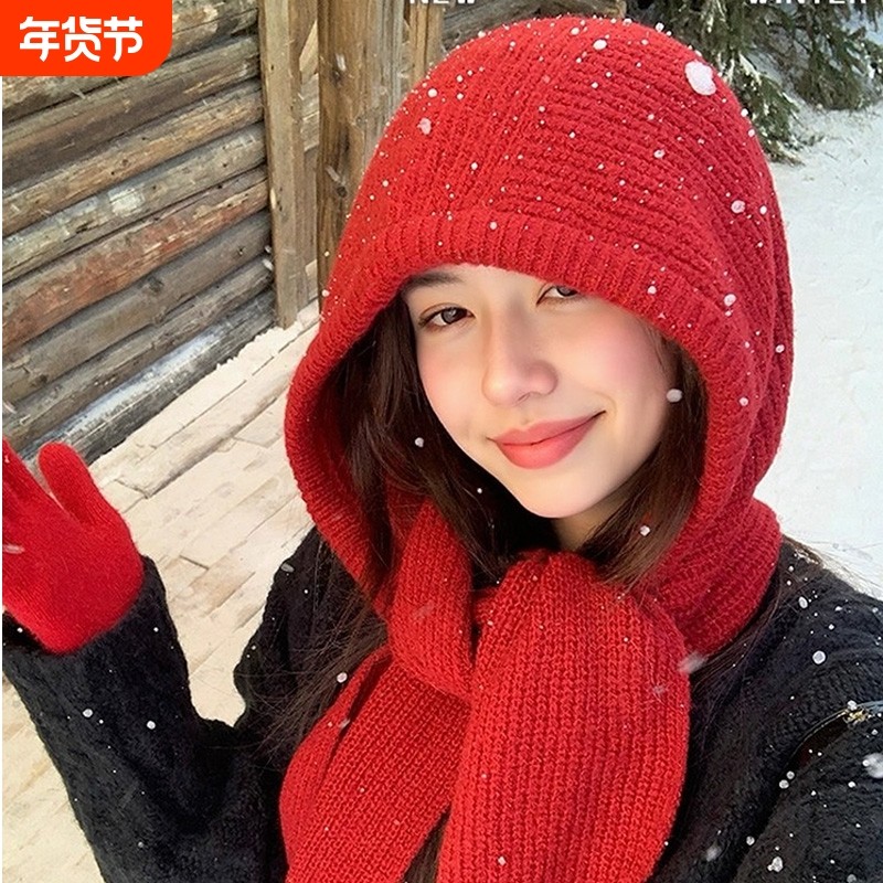 红色巴拉克拉法帽女秋冬季保暖毛线帽子围巾一体连帽围脖针织帽冬,服饰配件/皮带/帽子/围巾,帽子,淘宝优惠券,粉丝福利购,淘宝优惠卷