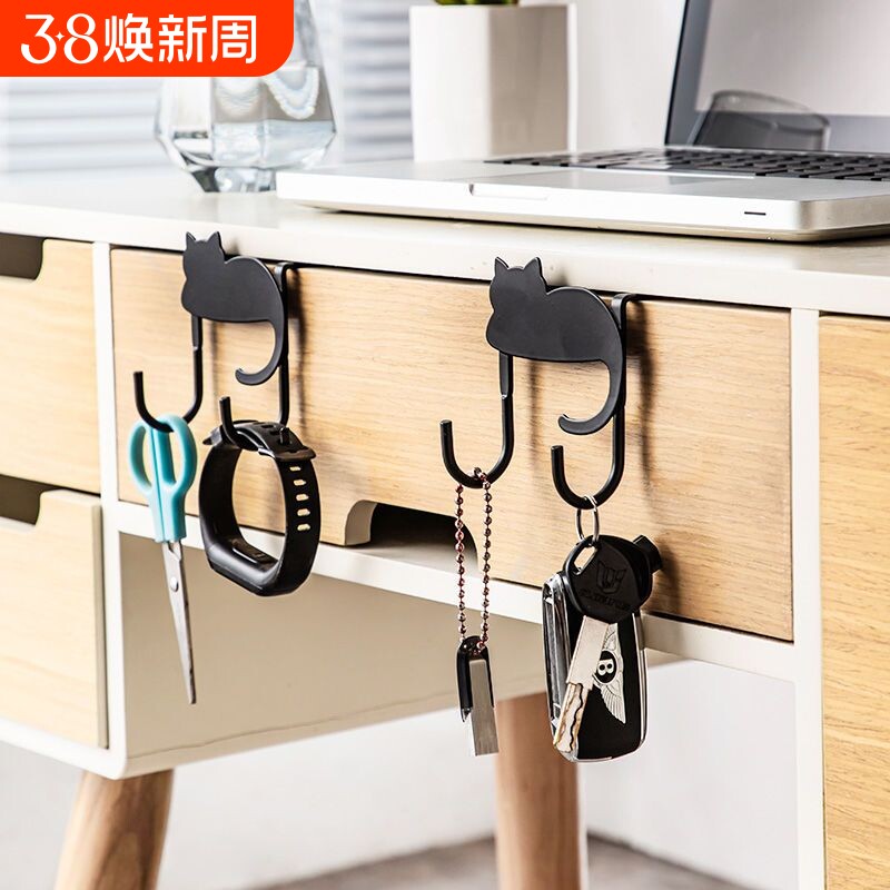 猫咪铁艺门后挂钩抽屉柜门挂衣钩卧室免打孔置物可爱挂架办公室