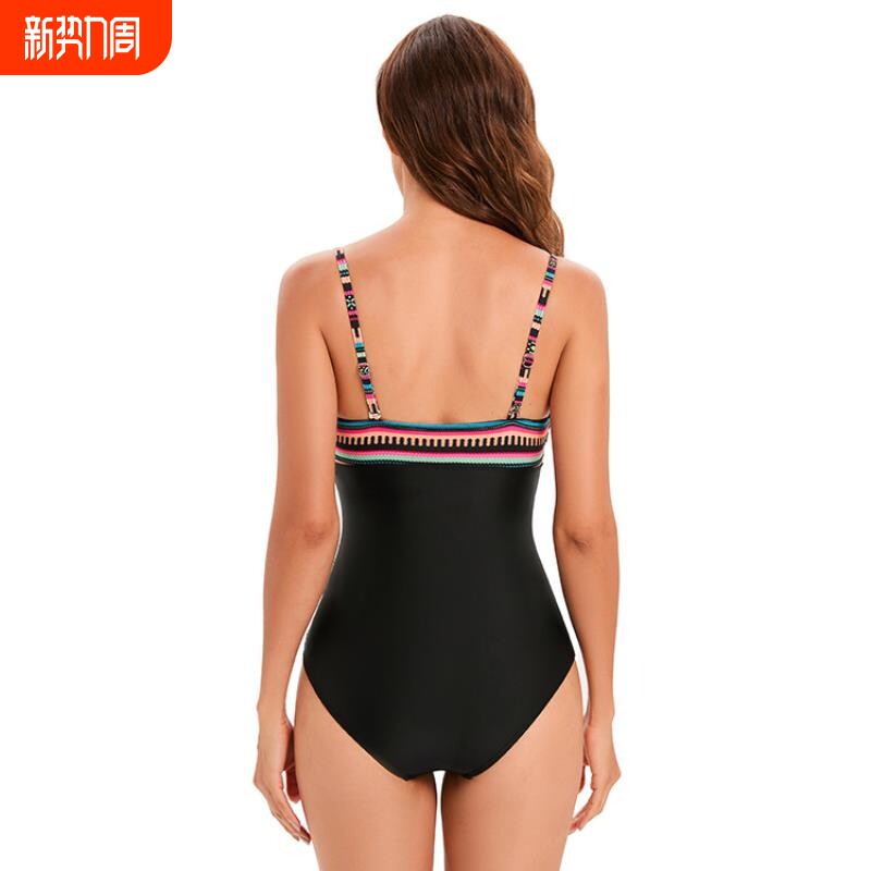 厂家2026新款亚马逊连体三角泳衣女欧美V领拼色缩皱遮肚性感露背