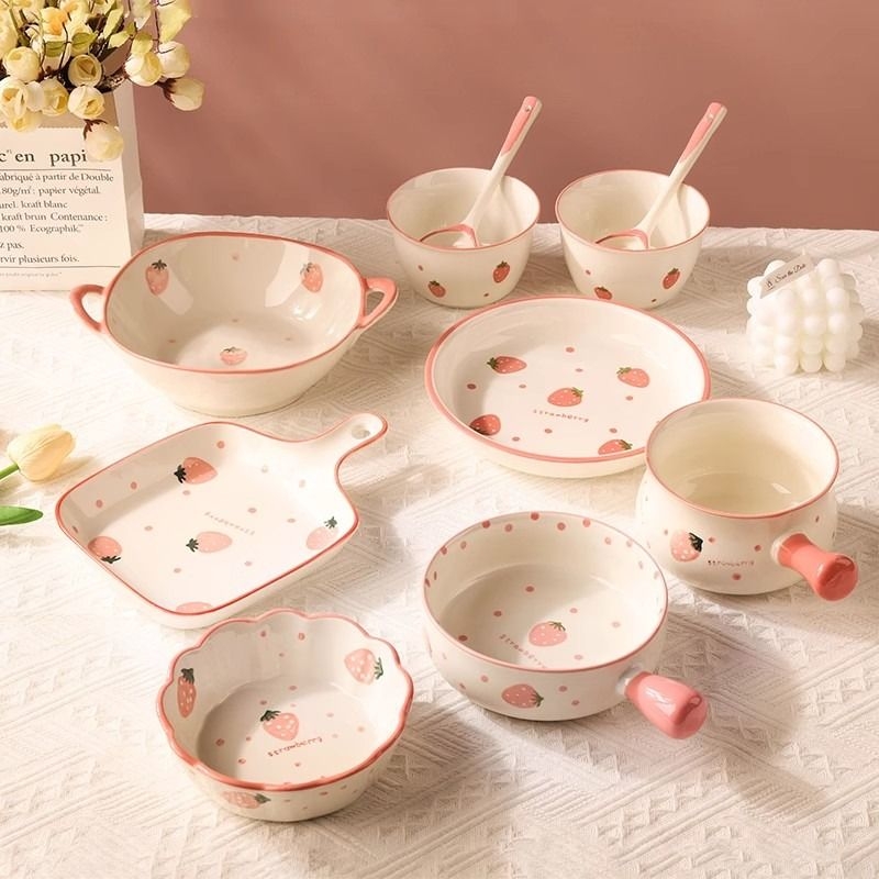 草莓陶瓷碗盘套装家用饭碗双耳汤面碗碟碗具碗筷盘子一二人食餐具-封面