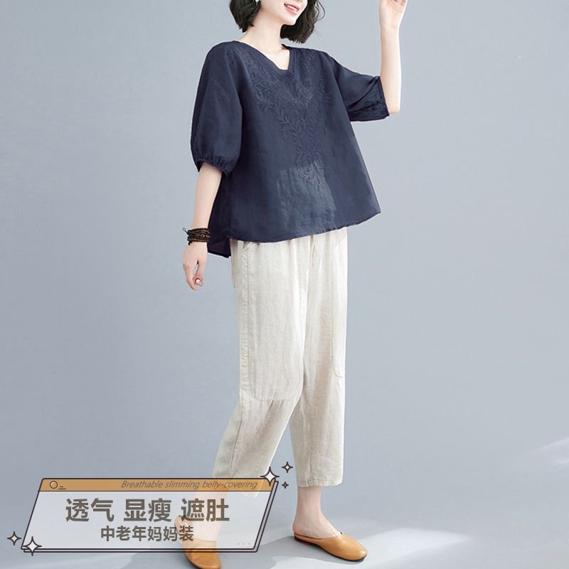 中年妈妈装2025夏装新款短袖上衣夏款中老年女装大码棉麻两件套装