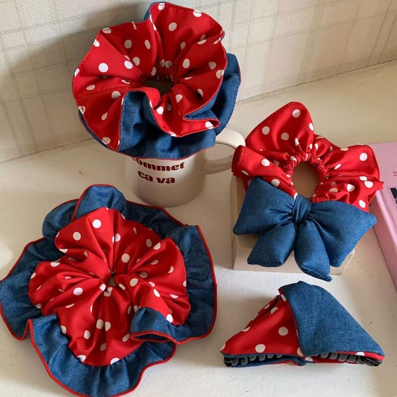 牛仔红波点拼接大肠方巾发圈高颜值气质高级感简约百搭小众盘发圈