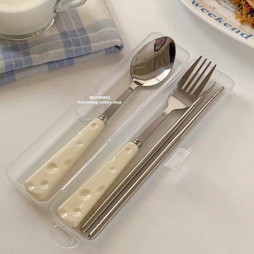 一木宁 可爱奶酪ins小学生上班族便携餐具旅行单人装不锈钢三件套