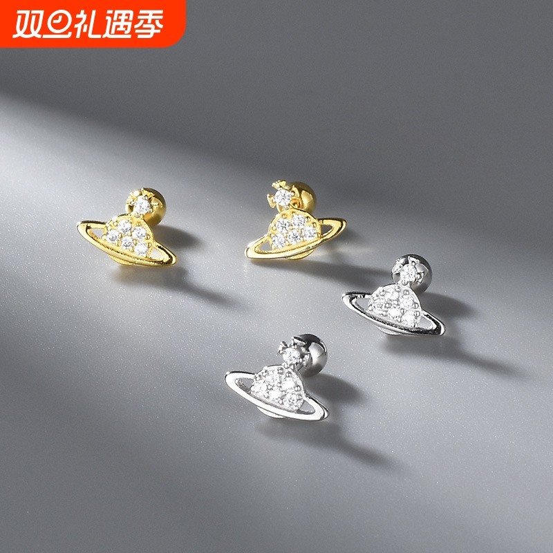 大维亚S925银镶锆石简约小土星耳骨钉时尚拧螺丝睡觉不用摘耳饰品