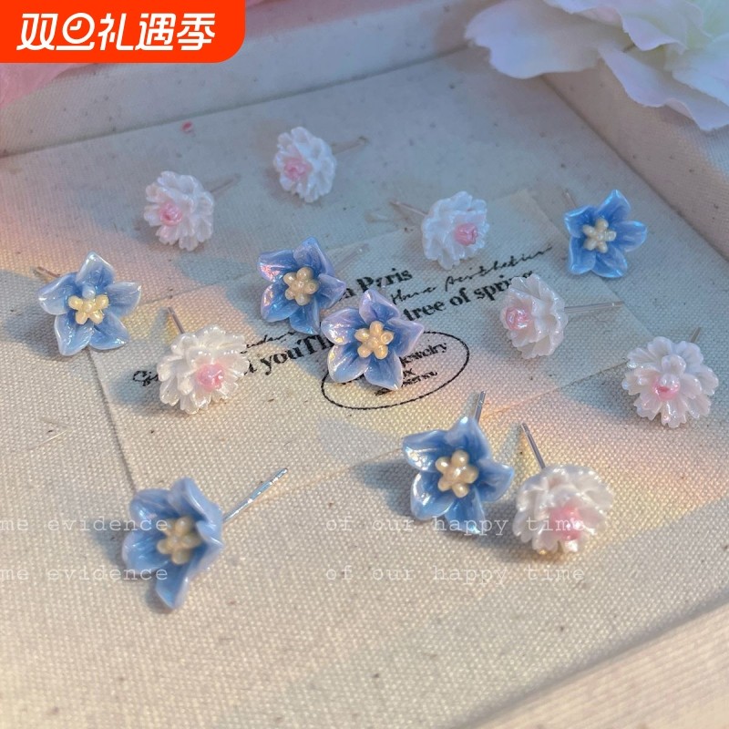 蓝色山茶花925银针春夏新款气质小巧甜美精致花朵新中式复古耳饰