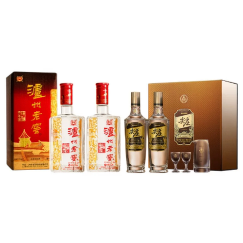 老窖六年窖头曲酒52度500ml*2瓶+五粮液尖庄高光52度500ml*2礼盒