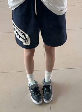 藏青色贴布鲨鱼嘴短裤男夏季美式裤子休闲宽松运动五分裤黑色舒适