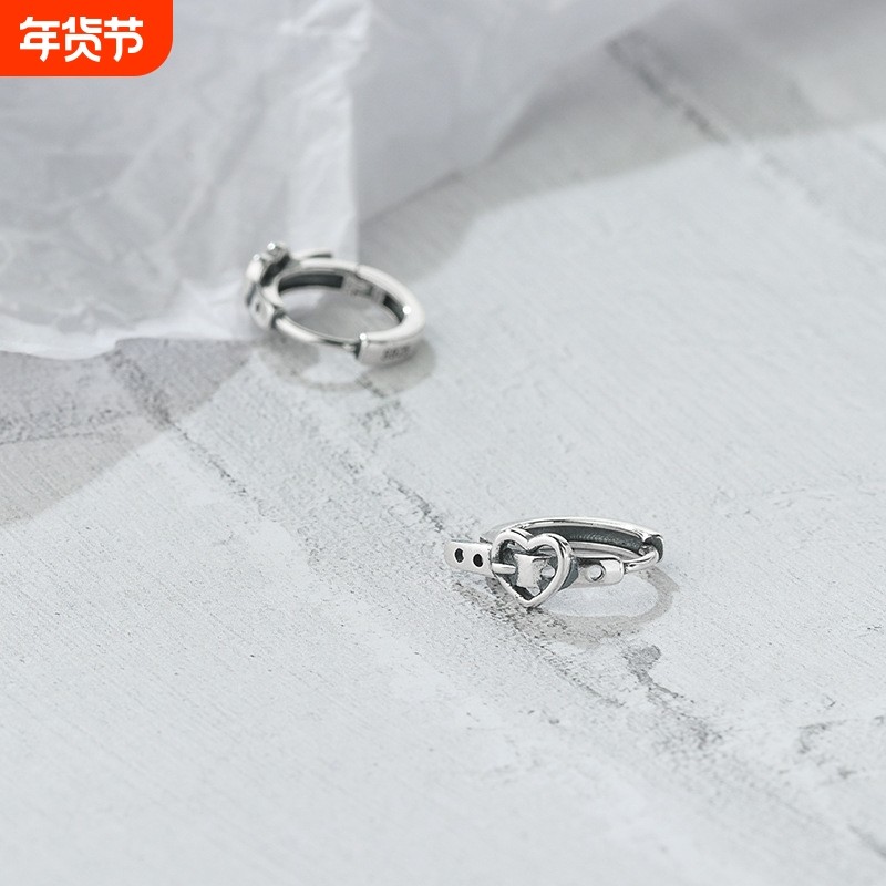 s925纯银心形耳钉女复古做旧网红百搭小众设计韩国东大门耳饰