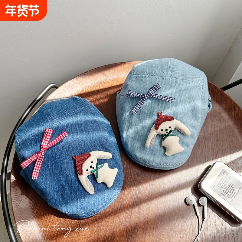 【LH】小狗蝴蝶结图案牛仔前进帽自制甜美画家帽气质儿童文艺春夏