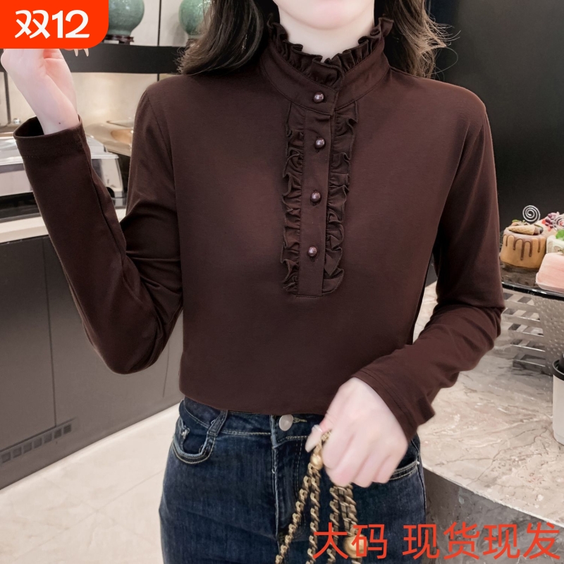 秋冬季高档木耳边加绒打底衫女新款妈妈装大码内搭保暖长袖上衣