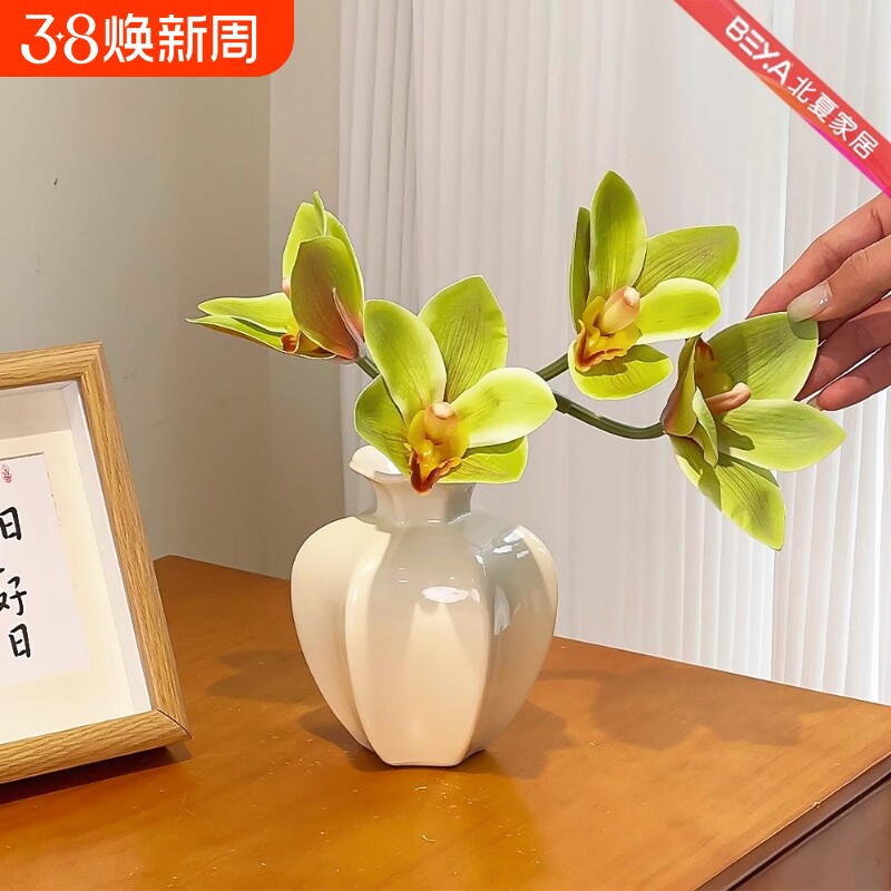 ins风油画蕙兰仿真花假花玄关客厅高档花艺装饰摆设高级花瓶摆件