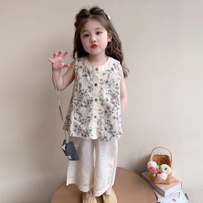 女童夏装无袖碎花衬衫套装2025新款儿童洋气阔腿裤宝宝时尚两件套