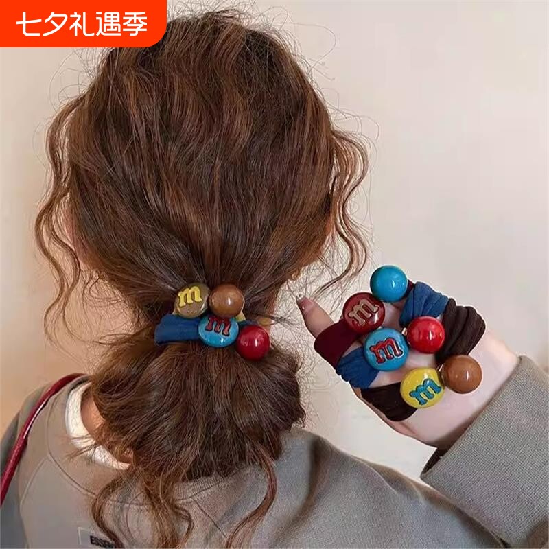 韩版新款m豆球球条纹发绳女糖果色加宽皮筋高弹力不伤发头绳发圈