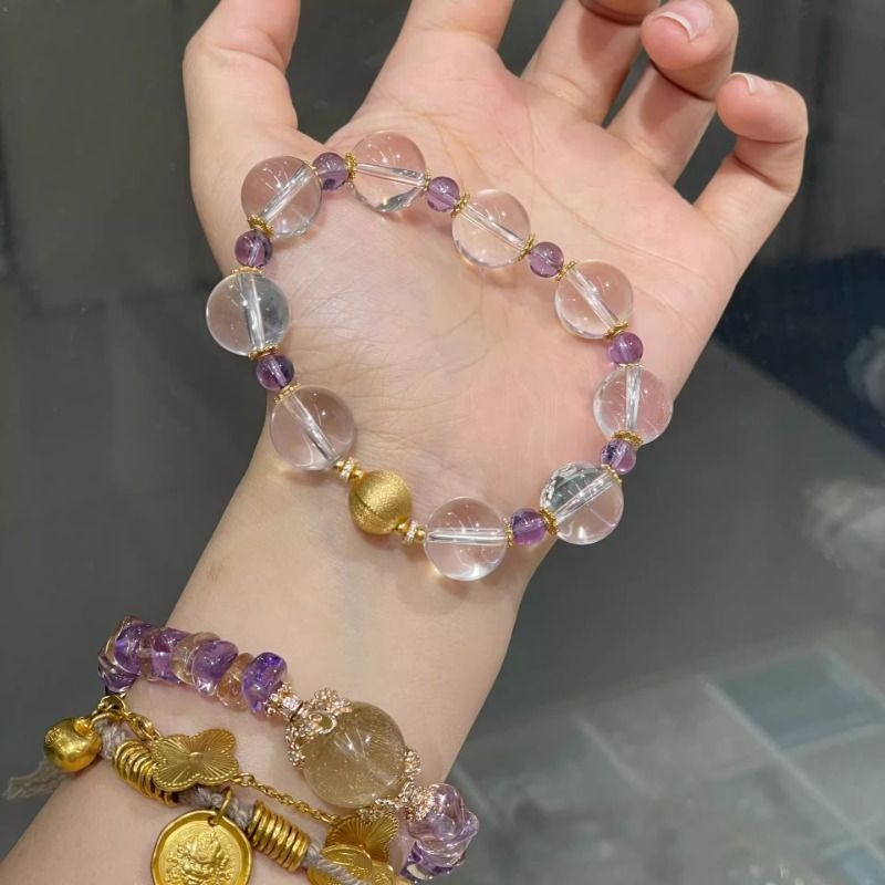 新品天然白水晶手链小颗粒紫水晶爆款设计手串女批发小红书