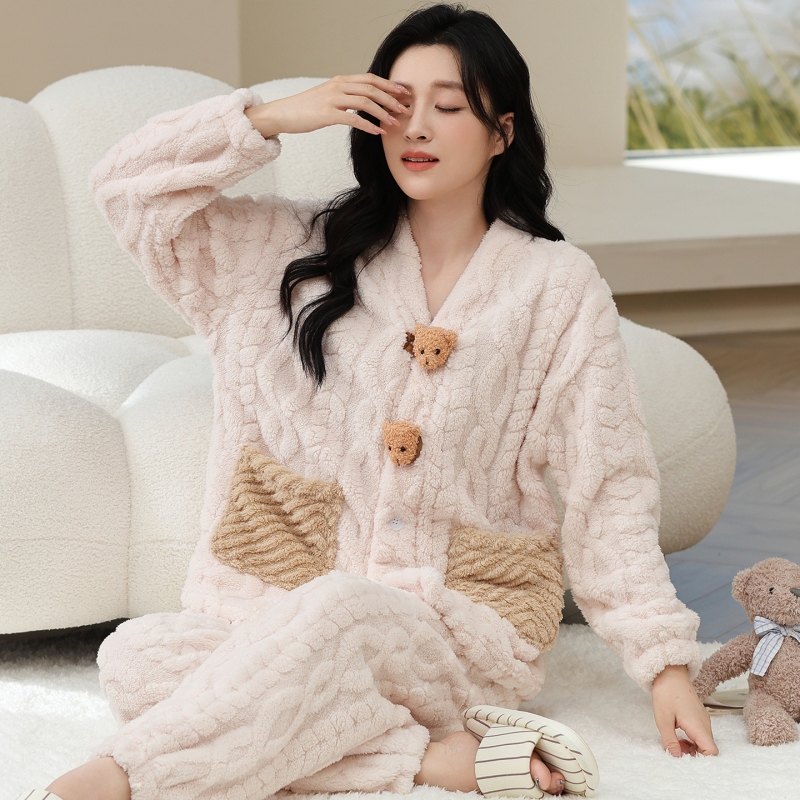 秋冬季加绒加厚珊瑚绒睡衣女可爱家居服冬天保暖学生套装可外穿
