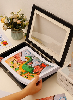 儿童画装裱画框磁吸翻盖收纳150张A4奖状展示免打孔相框挂墙画作