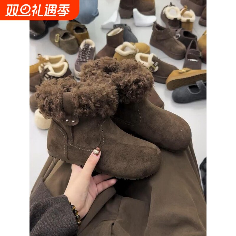 牛皮版~冬季羊羔毛内增高雪地靴女加绒保暖防滑勃肯靴子防水棕色