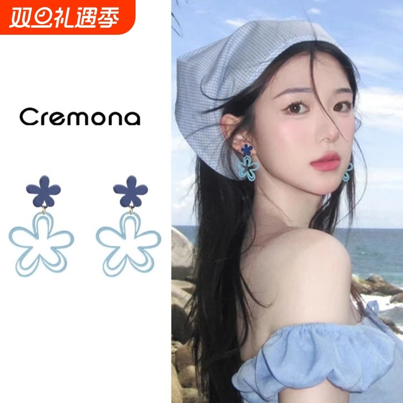 蓝色镂空花朵耳环新款高级气质耳钉海边度假耳饰精致时尚独特饰品