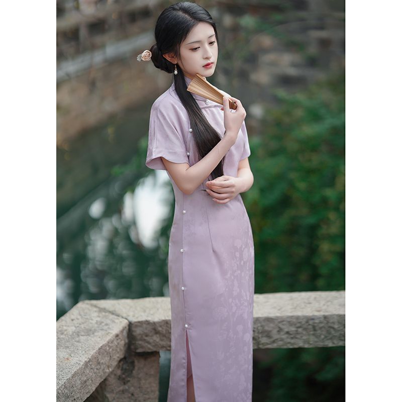 Long purple summer elite retro lightweight cheongsam, 2023 years Long purple summer elite retro lightweight cheongsam, 2023 years