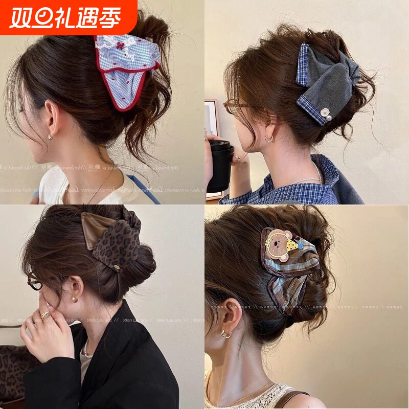 复古皮质豹纹卡通蕾丝格纹三角抓夹新款高级百搭后脑勺鲨鱼夹头饰