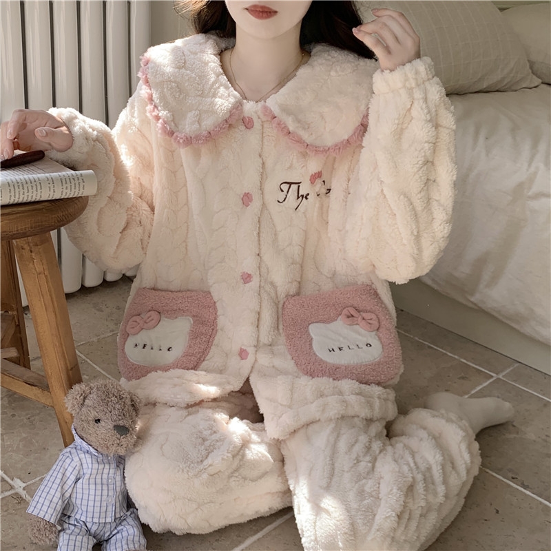 珊瑚绒睡衣女秋冬加绒加厚家居服