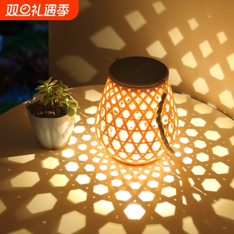 中式户外灯太阳能庭院吊挂手提灯桌面花园氛围落地竹编草坪露台灯