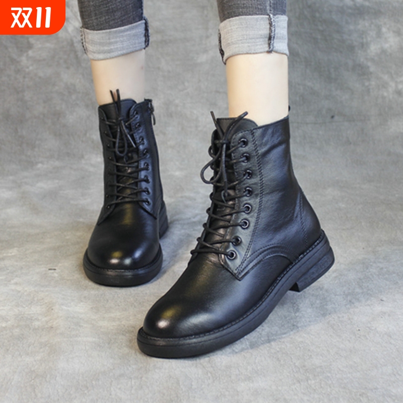 品牌真皮英伦风马丁靴女2025新款春秋时尚百搭侧拉链平底防滑女靴