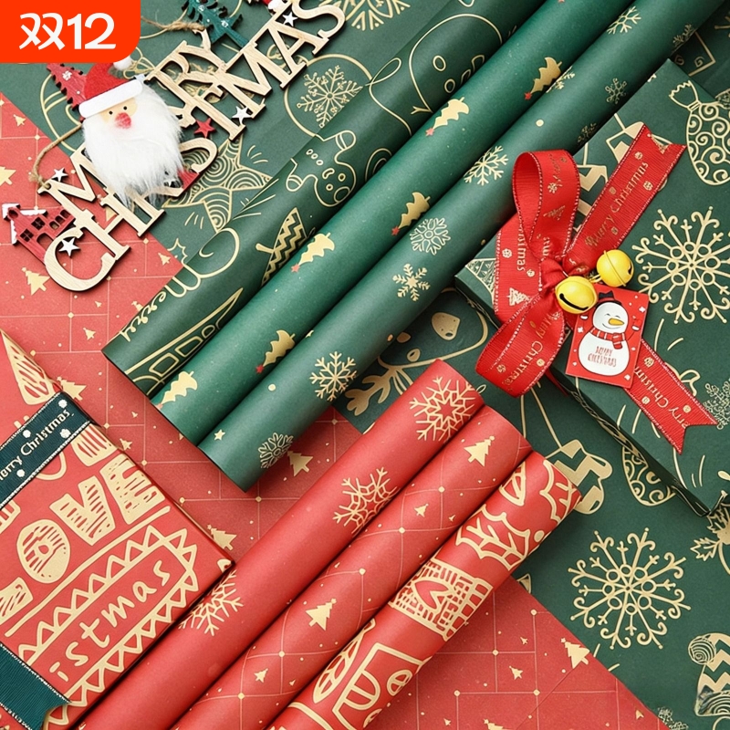新款卷筒圣诞包装纸热卖10米5米长卷圣诞节包礼物礼品纸批发高级感超大尺寸男生加丝带儿童可爱复古红色