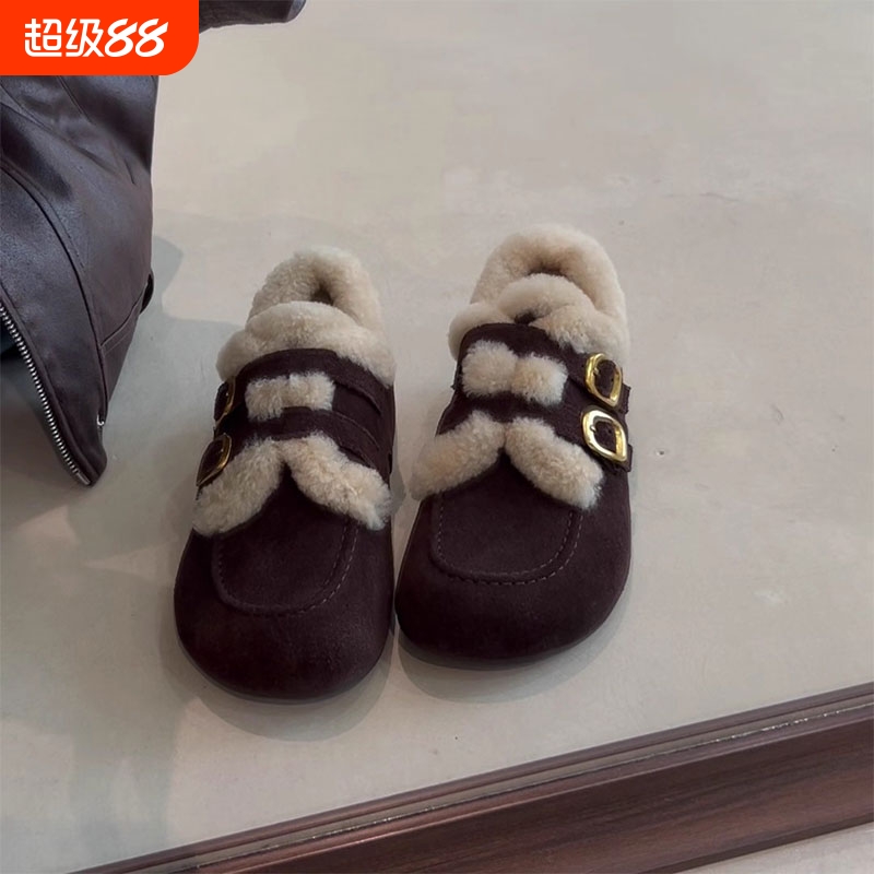 羊皮~2025秋冬新款真皮复古圆头加绒保暖毛毛厚底内增高勃肯鞋女