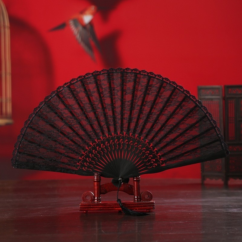 真丝复古高档蕾丝扇子7寸棉麻中国风折扇日式竹女士镂空折叠扇