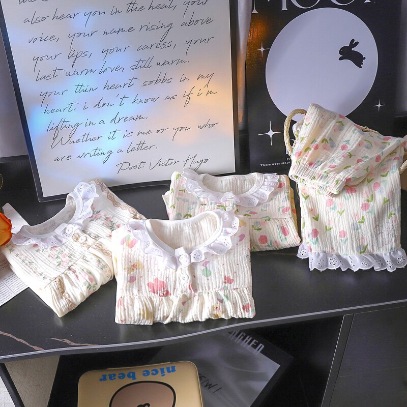 儿童睡衣两件套新款亲子装女童洋气家居服纯棉双层棉纱花边套装