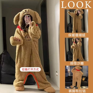 男士 冬季 加厚睡袍情侣连体家居服可外穿 2025新款 珊瑚绒睡衣秋女款