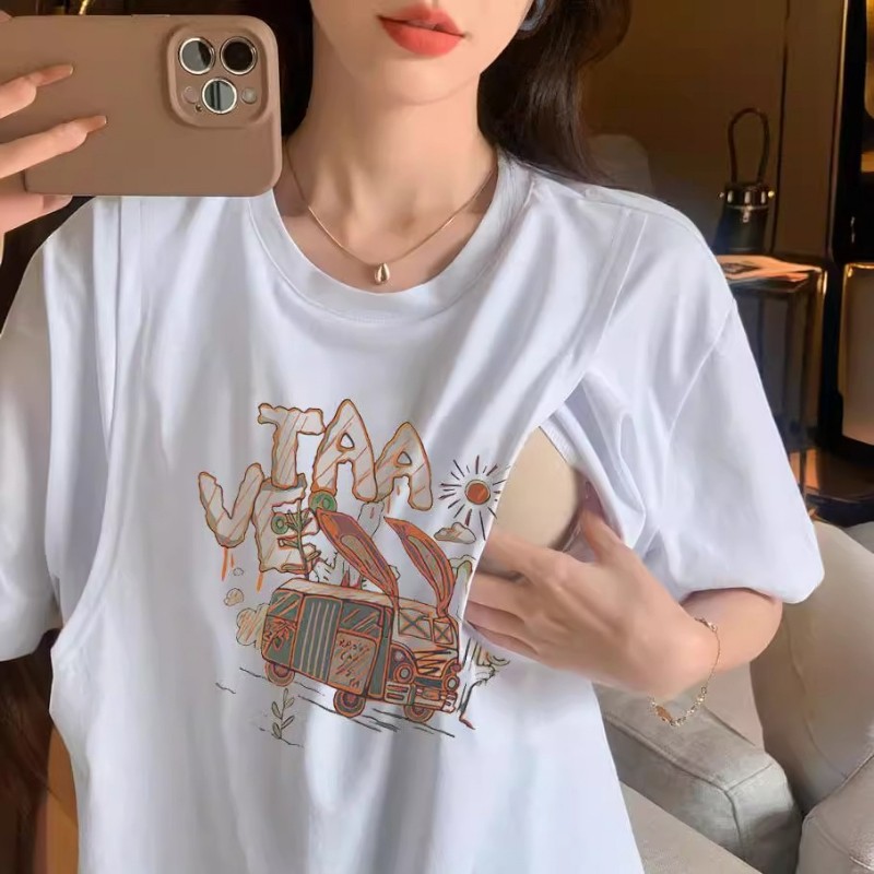哺乳上衣辣妈款外出夏季侧翻喂奶衣服短袖产后孕妇夏装浦乳期潮妈