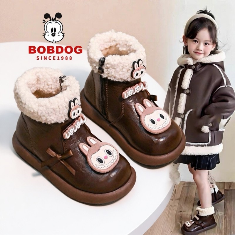 巴布豆女童靴子短靴2025新款冬季儿童卡通皮靴女宝加绒二棉鞋冬款