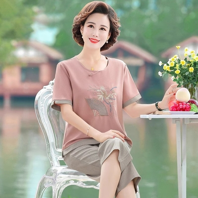 妈妈夏装新款套装夏季2025棉麻洋气短袖T恤中老年人棉绸女装上衣