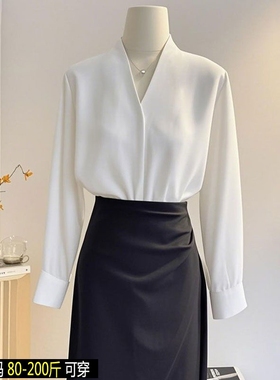 高级感轻奢港风白色V领衬衫女短袖春秋缎面大码垂感长袖上衣职业