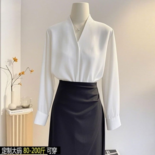 垂感长袖 春秋缎面大码 上衣职业 女短袖 高级感轻奢港风白色V领衬衫