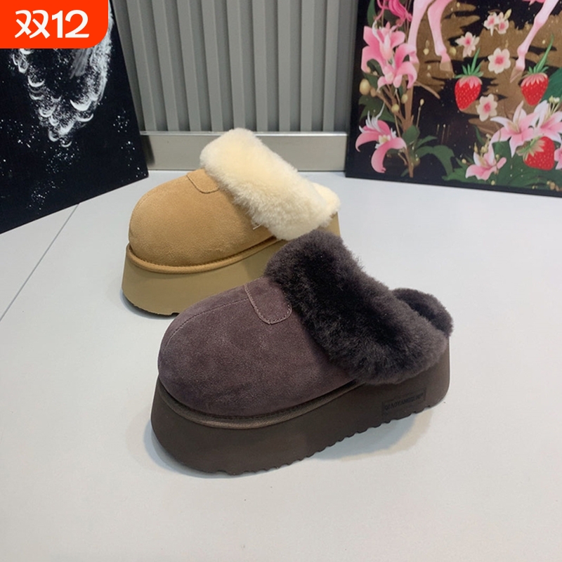 2025卡皮巴拉冬季新款磨砂厚底松糕增高羊羔毛包头拖鞋加绒雪地靴