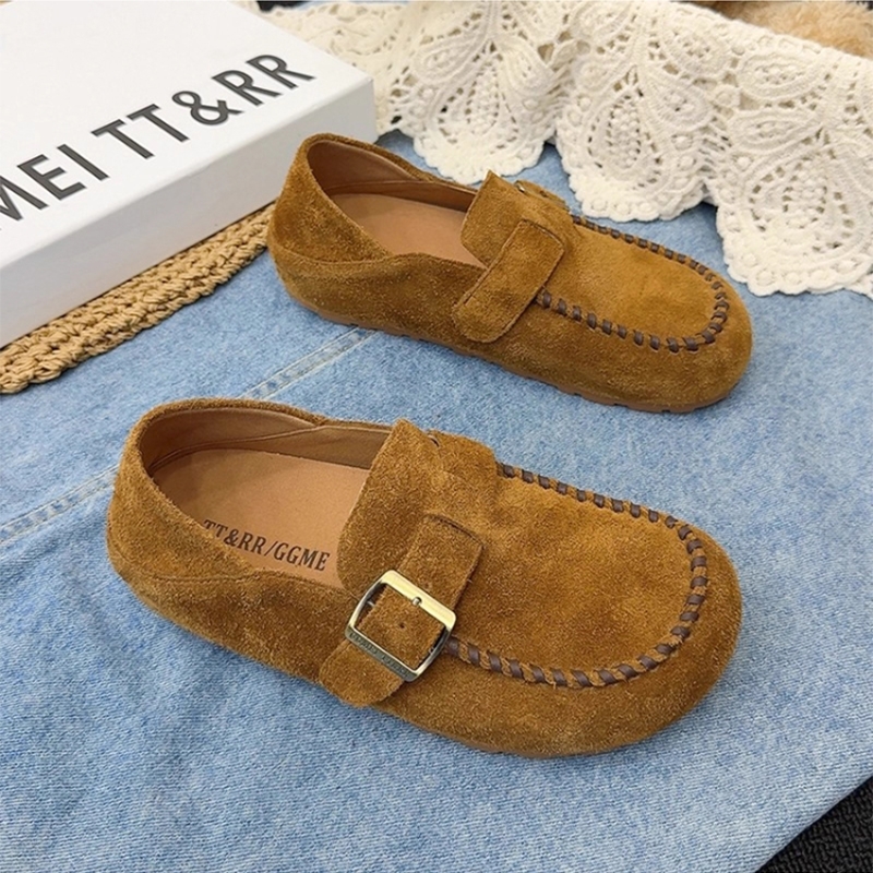 真皮勃肯鞋女平底豆豆鞋2025秋季新款复古大头乐福鞋一脚蹬懒人鞋