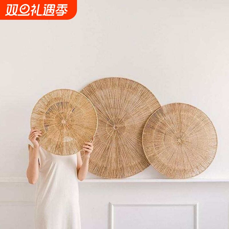 新中式圆形藤编墙面遮丑装饰民宿网红店餐厅客厅背景墙复古风壁饰