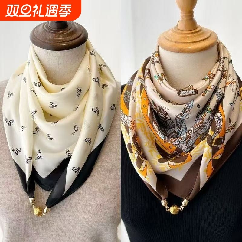 磁吸扣仿真丝方巾新款春秋冬三角围巾丝巾护颈时尚红围脖保暖丝滑