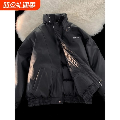 户外冬季韩版羽绒服男PU皮衣短宽外套加厚机车外套情侣ins棒球棉
