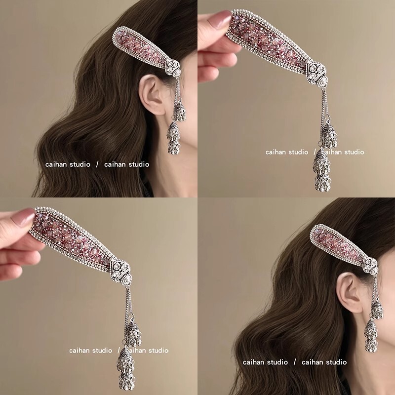 重工水晶粉色闪钻吊坠柳叶发夹民族风刘海夹边夹发卡发饰女