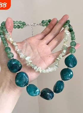 Vintage古着 Green resin beads项链绿色串珠石头双层叠戴项链