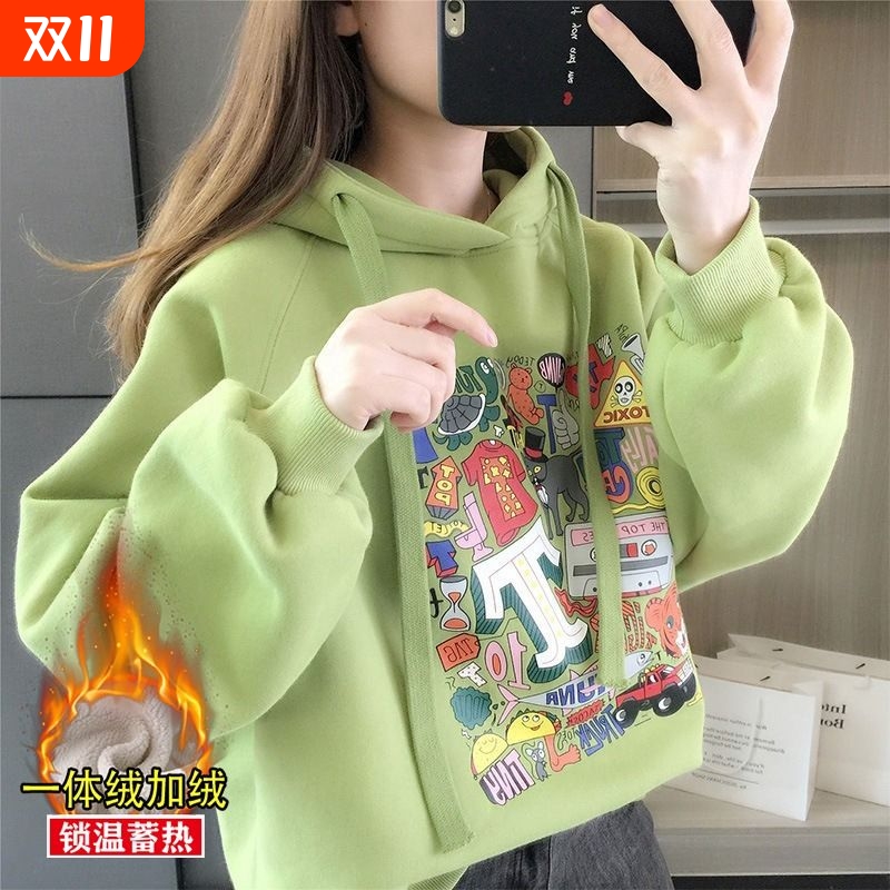女童秋冬卫衣2025新款儿童加绒中大童冬季时髦上衣服纯棉白色绿色