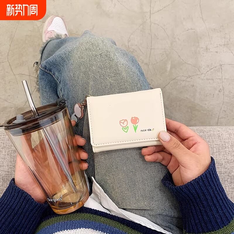 ins小钱包女短款三折纯色简约可爱学生搭扣折叠钱夹卡包证件零钱