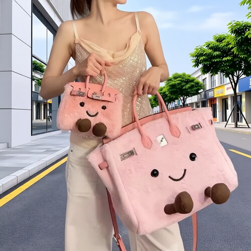 毛绒精致可爱手提铂金包2026女大容量单肩斜挎包卡通女包小精灵